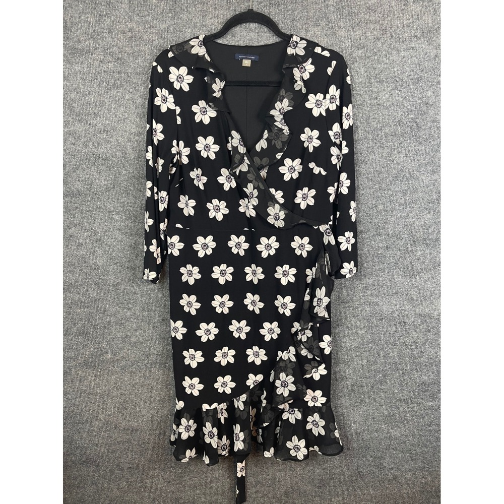 Tommy Hilfiger Faux Wrap Dress Women 12 Black Floral Excellent Ruffle 3/4 Sleeve